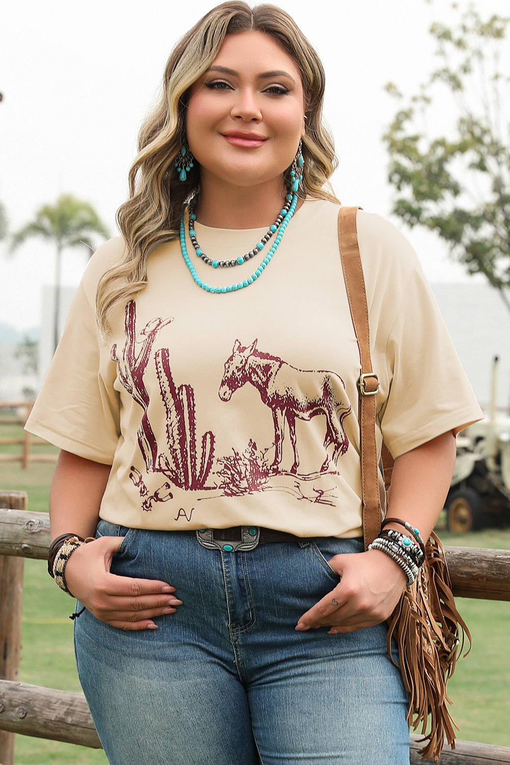 Parchment  Western Burro Cactus Crew Neck Graphic Tee