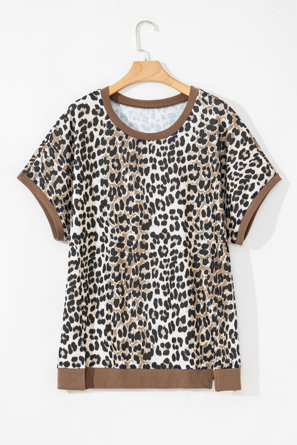 Plus Size Khaki Leopard Contrast Trim Short Sleeve Loose  Top