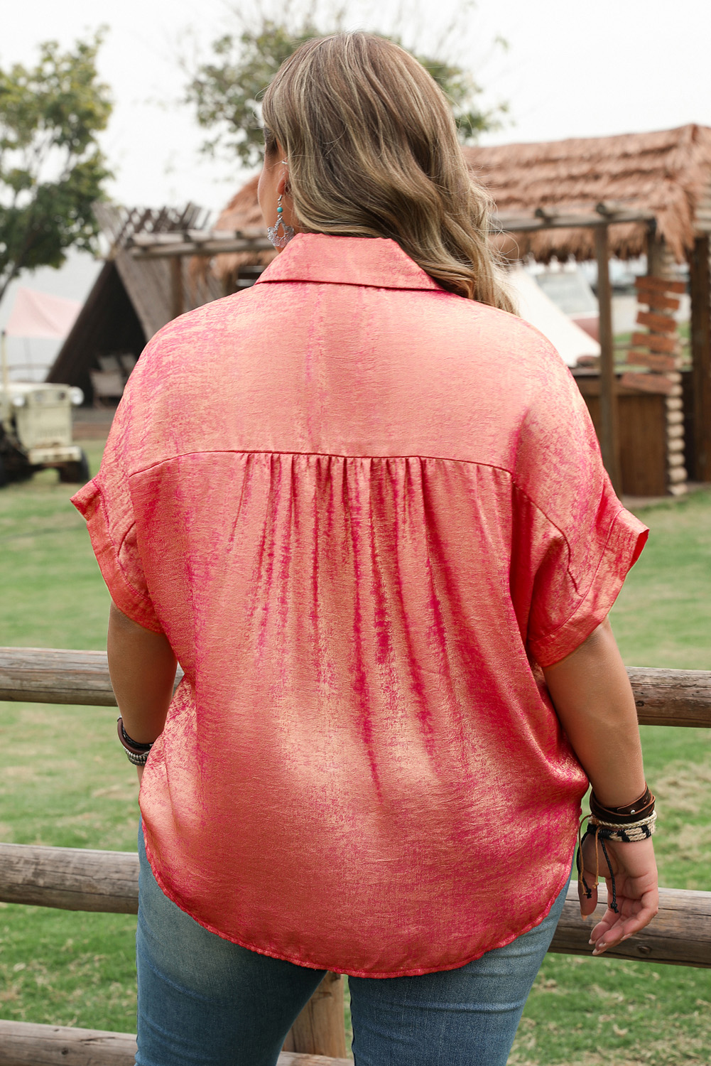 Plus Size Rose Red  Metallic Sheen Short Sleeve Button Up Shirt