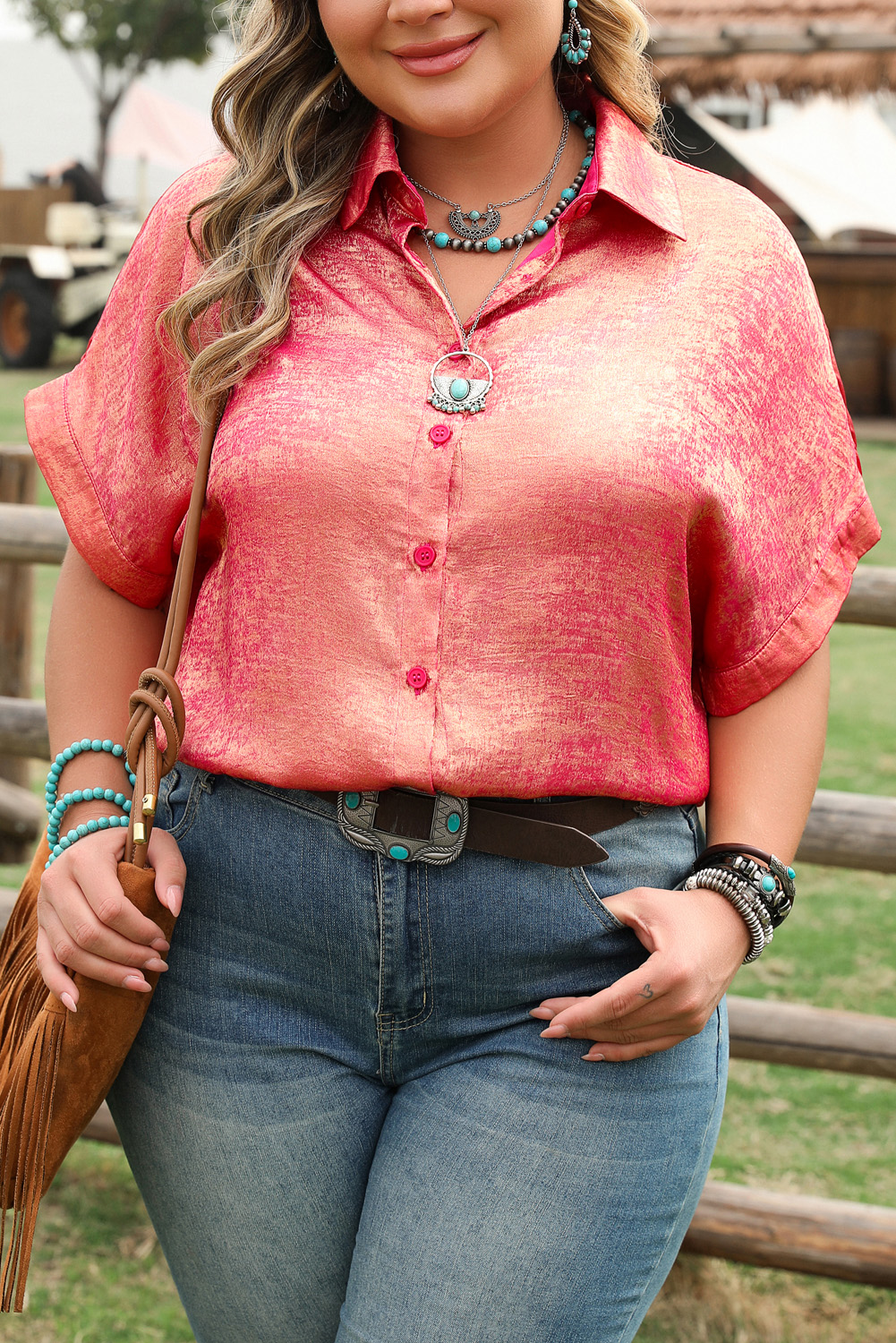 Plus Size Rose Red  Metallic Sheen Short Sleeve Button Up Shirt