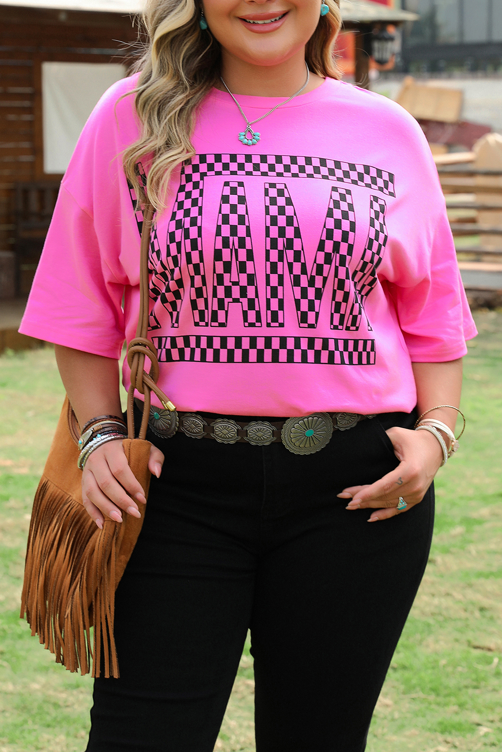 Plus Size Bright Pink Checker MAMA Letter Printed Graphic  T Shirt