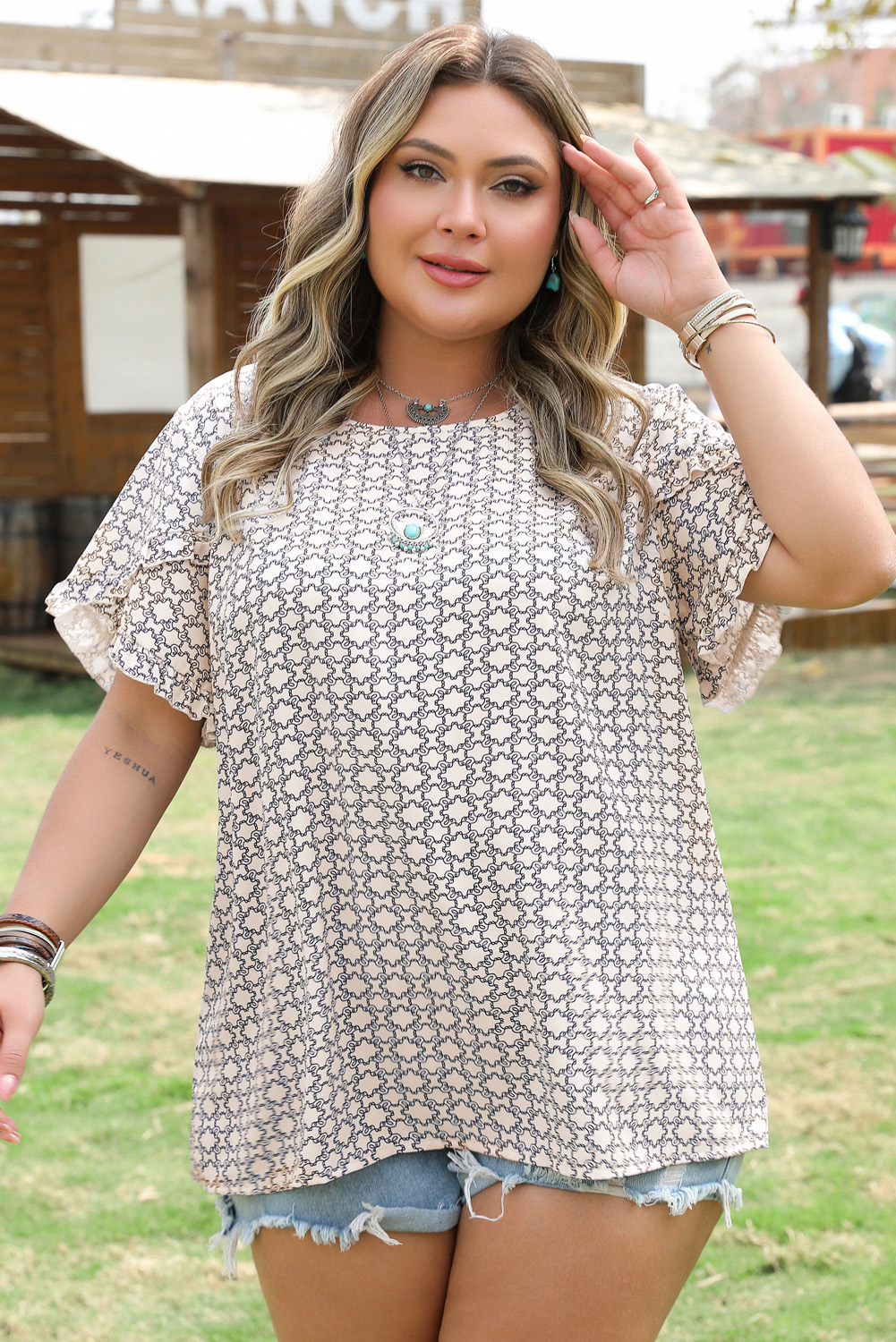 Plus Size Khaki  Geometric Print Ruffled Sleeve Blouse
