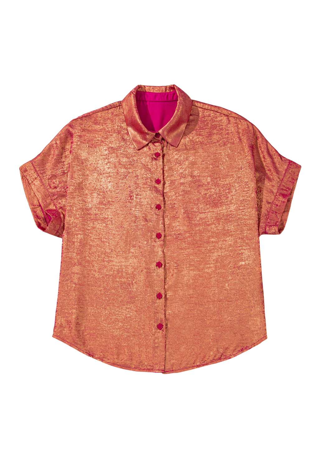 Plus Size Rose Red  Metallic Sheen Short Sleeve Button Up Shirt