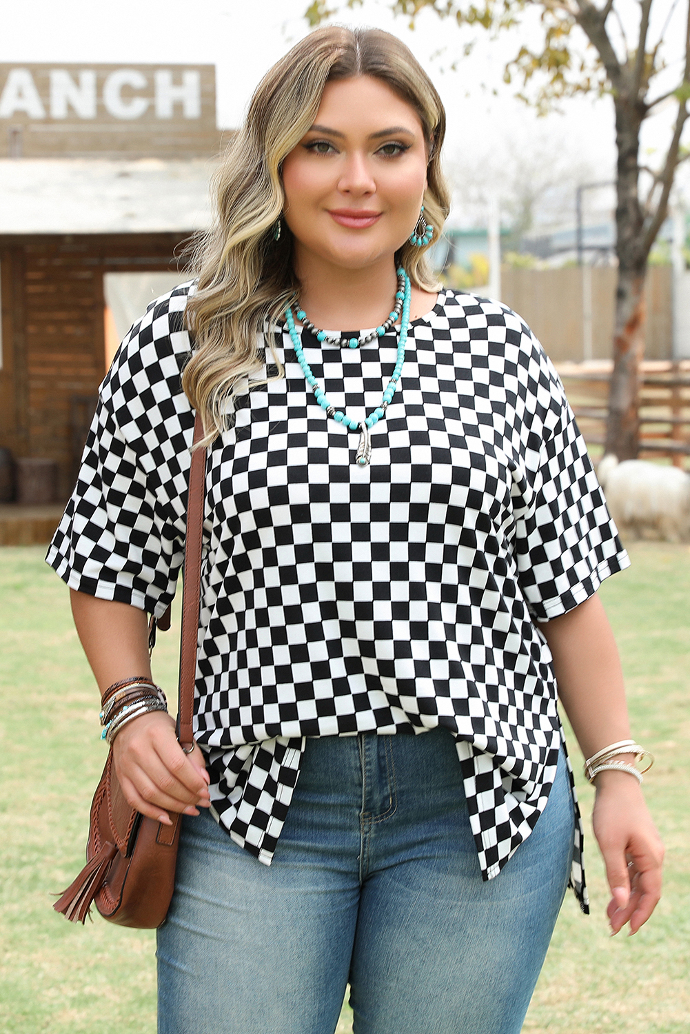 Plus Size Black Checkered Print Side Slits O Neck  T Shirt