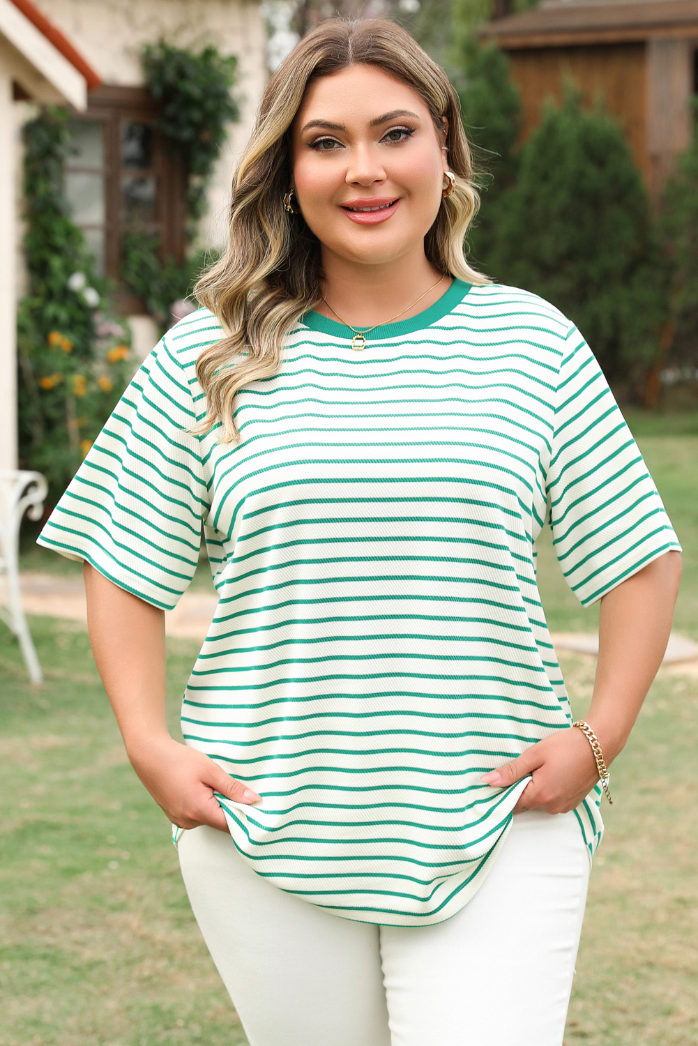Plus Size Green Stripe  St Patricks Day Round Neck T Shirt