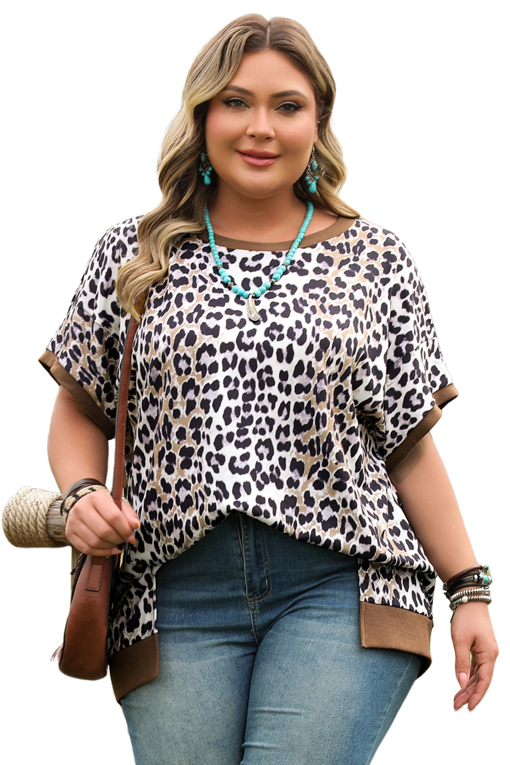 Plus Size Khaki Leopard Contrast Trim Short Sleeve Loose  Top