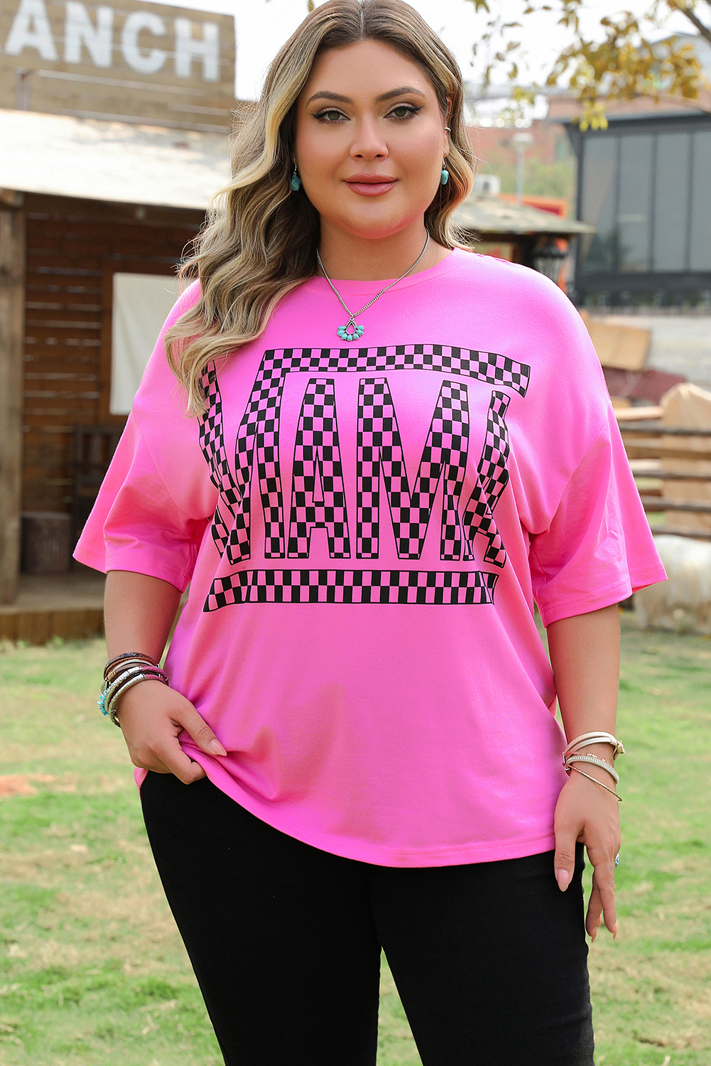 Plus Size Bright Pink Checker MAMA Letter Printed Graphic  T Shirt