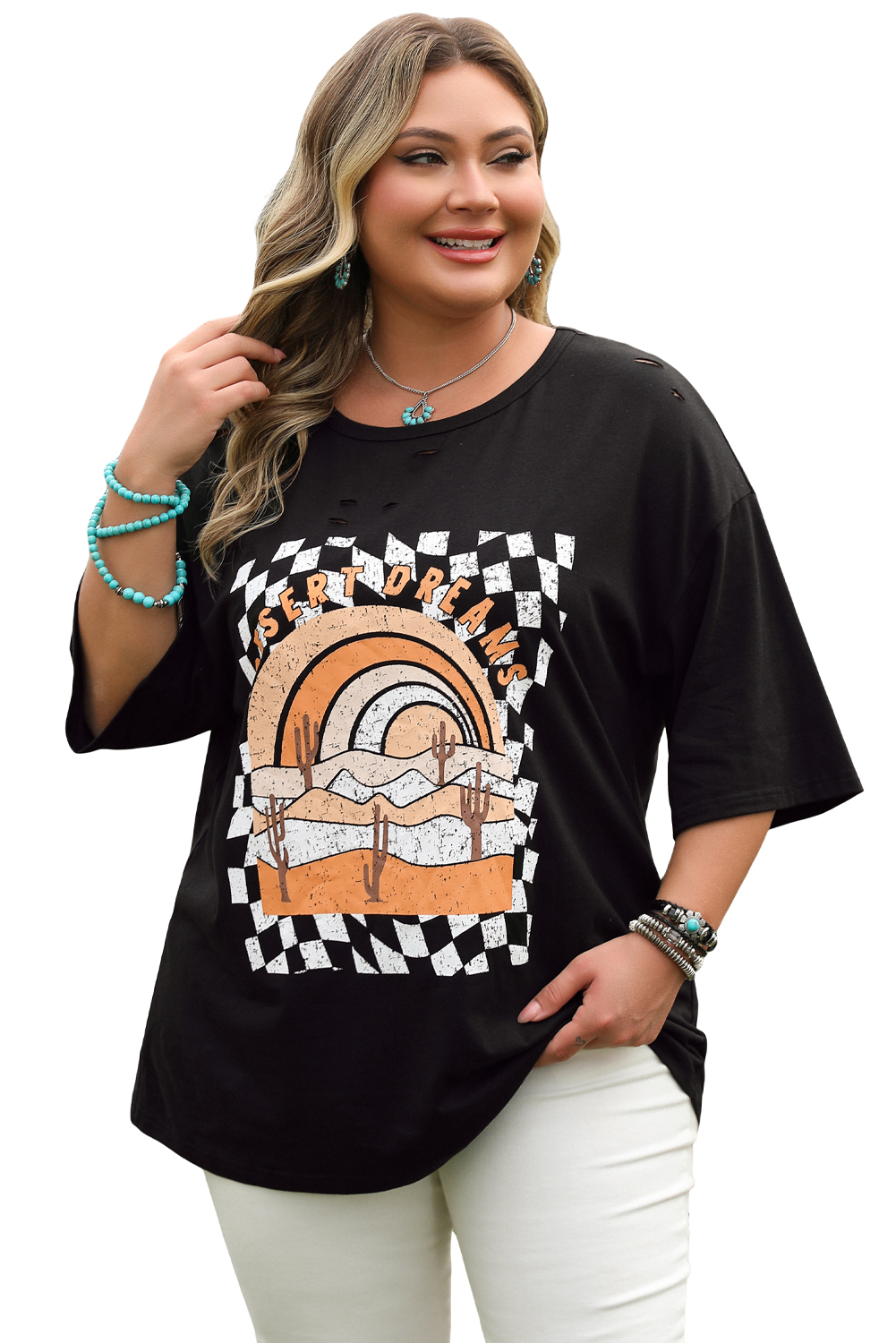 Plus Size Black Checkerd DESERT DREAMS Printed Ripped  Tee