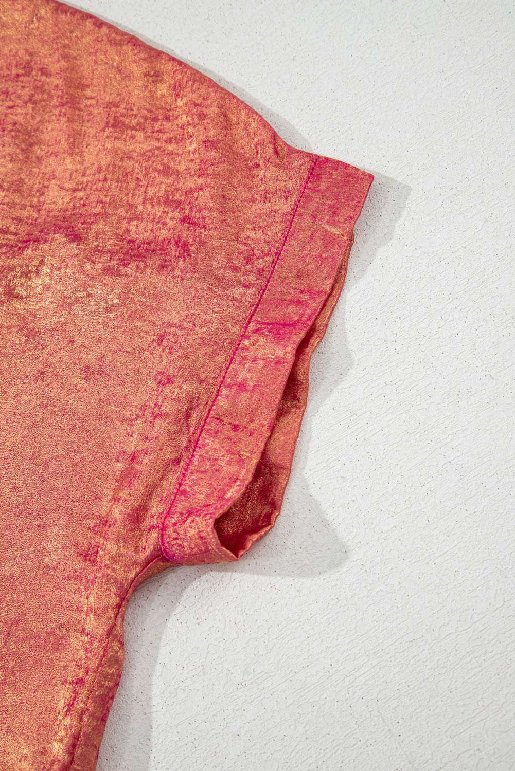 Plus Size Rose Red  Metallic Sheen Short Sleeve Button Up Shirt