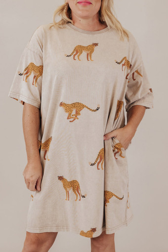 Plus Size Apricot Cheetah Print Side Pockets T Shirt Mini Dress