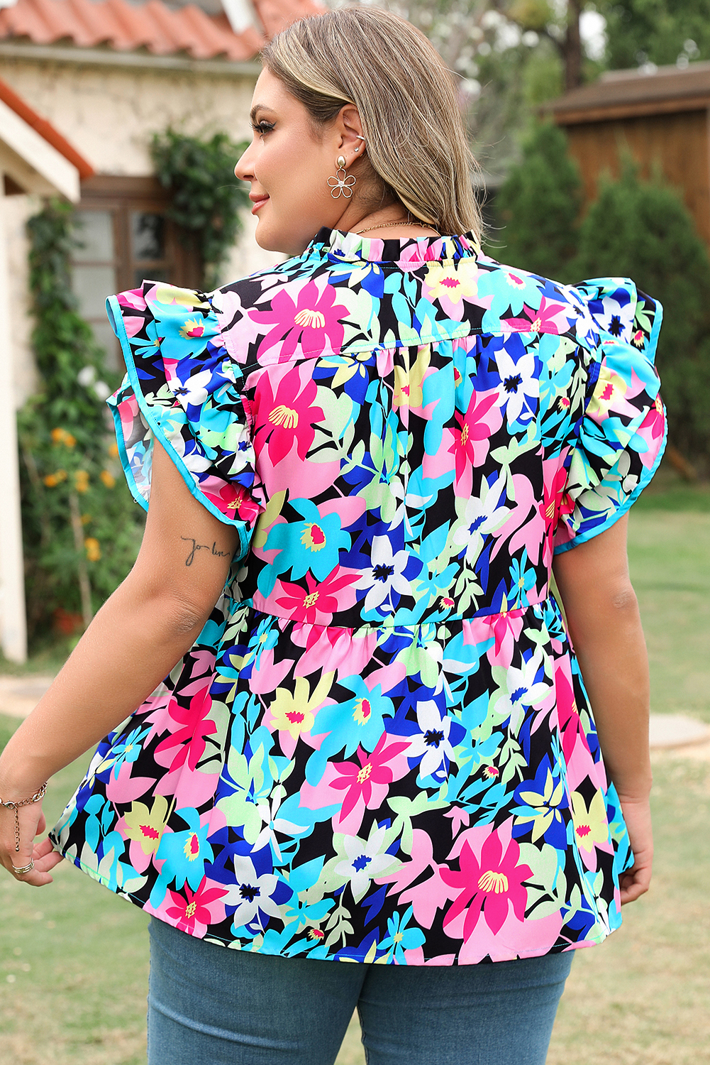 Plus Size Blue Floral Flutter Sleeve Tied Notched Neck  Blouse