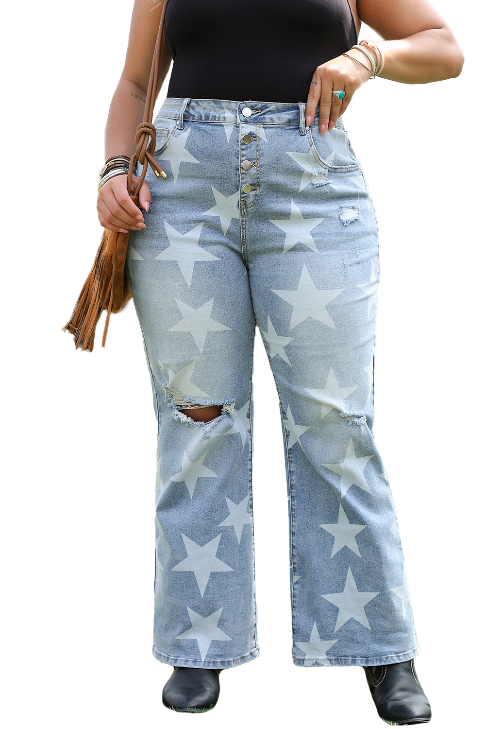 Plus Size Sky Blue Star Printed Multi Buttons Slit Knee Destroyed  Jeans