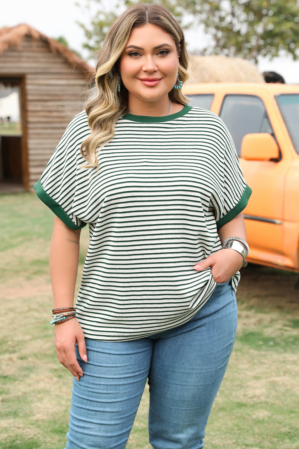 Plus Size Green Stripe Trimmed Round Neck  Boxy Fit T-shirt