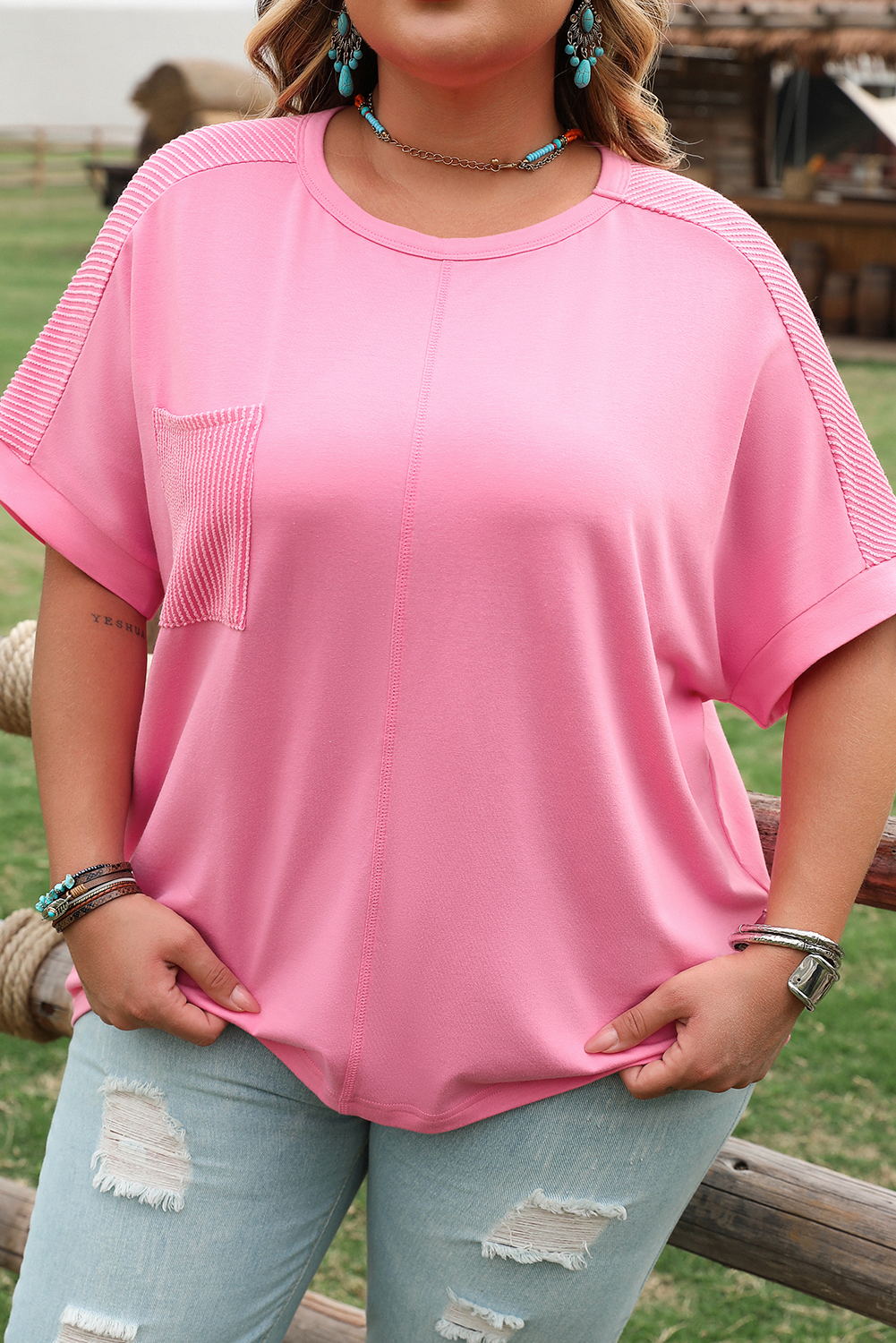 Plus Size Bonbon Corded Patchwork Pocketed  T Shirt