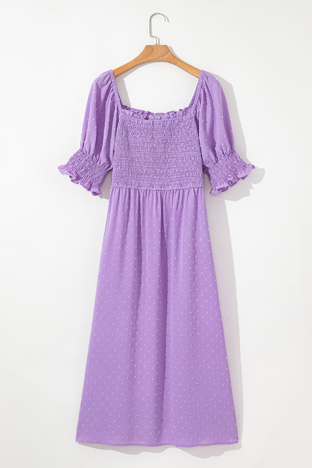 Plus Size Wisteria Swiss Dot Smocked Frilled Neckline Short Sleeve  Dress