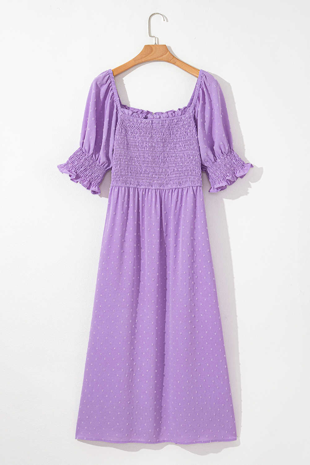 Plus Size Wisteria Swiss Dot Smocked Frilled Neckline Short Sleeve  Dress