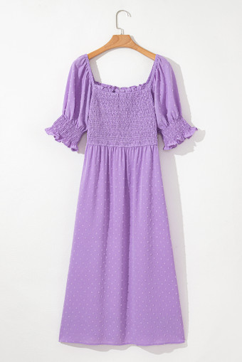 Plus Size Wisteria Swiss Dot Smocked Frilled Neckline Short Sleeve  Dress