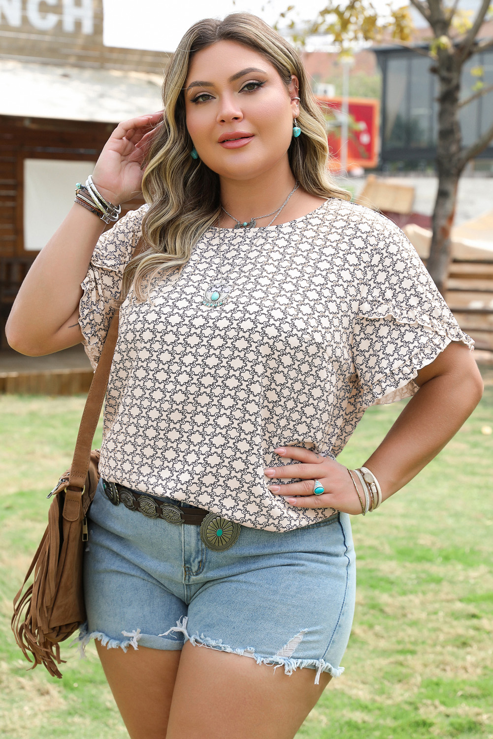 Plus Size Khaki  Geometric Print Ruffled Sleeve Blouse