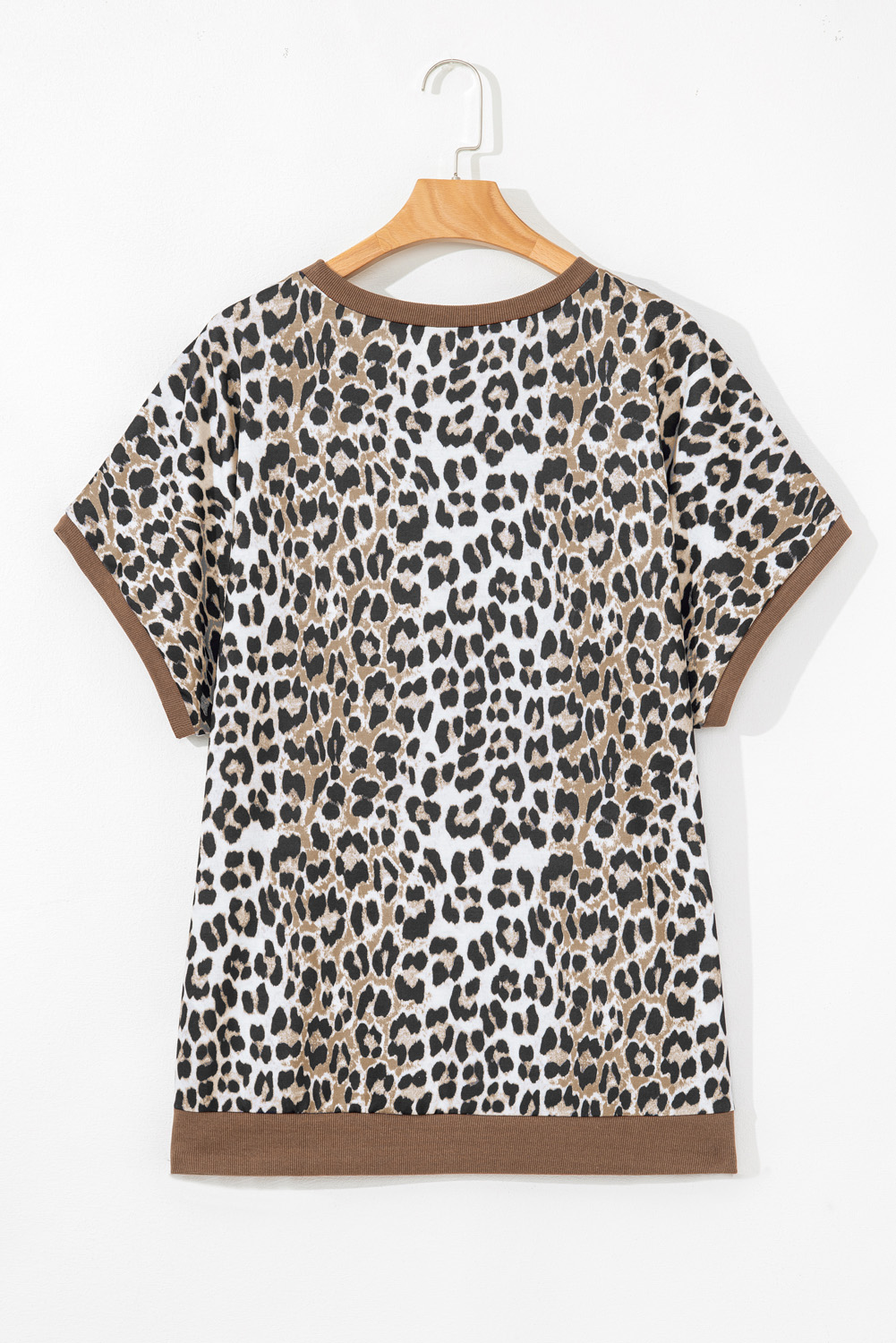 Plus Size Khaki Leopard Contrast Trim Short Sleeve Loose  Top