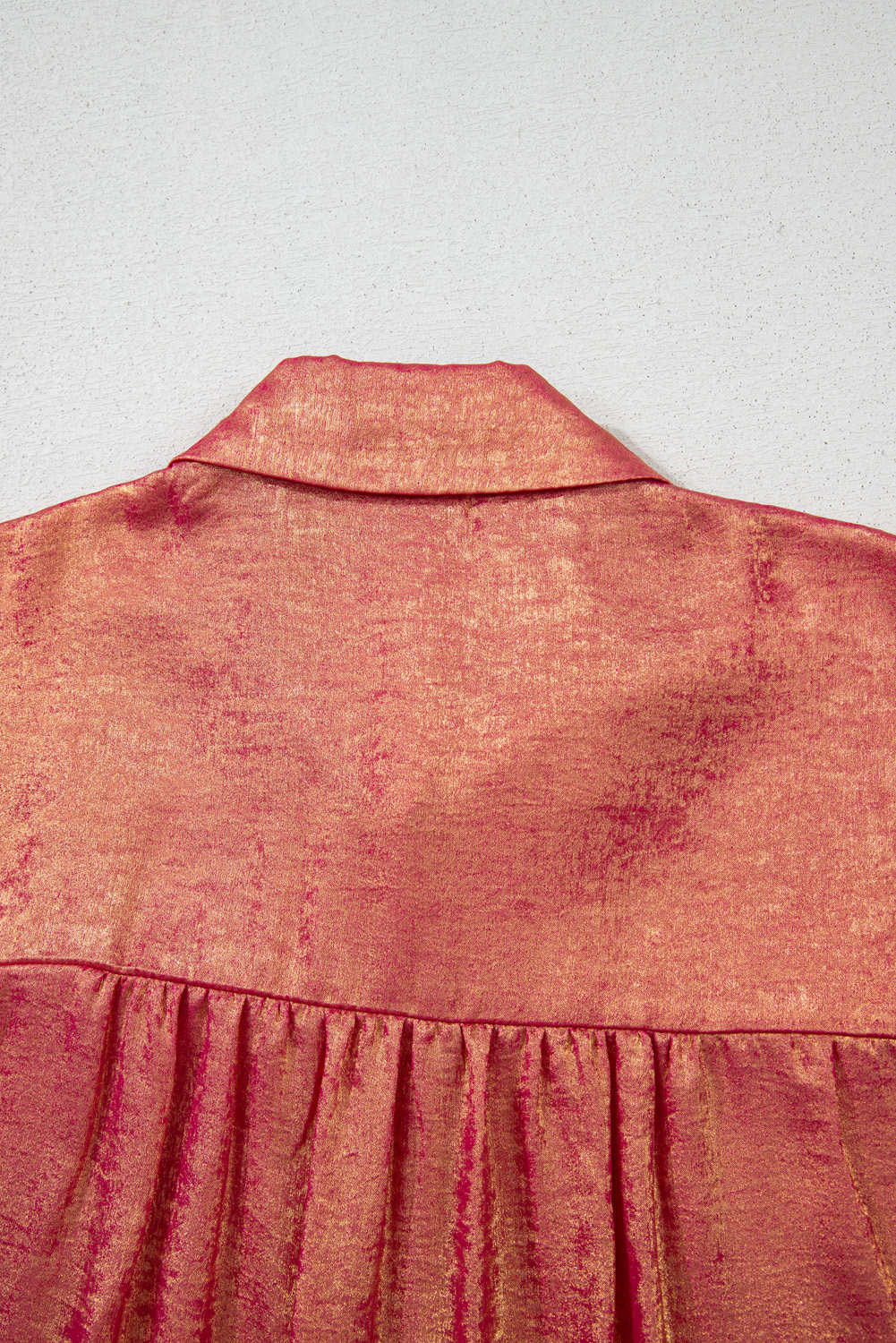 Plus Size Rose Red  Metallic Sheen Short Sleeve Button Up Shirt