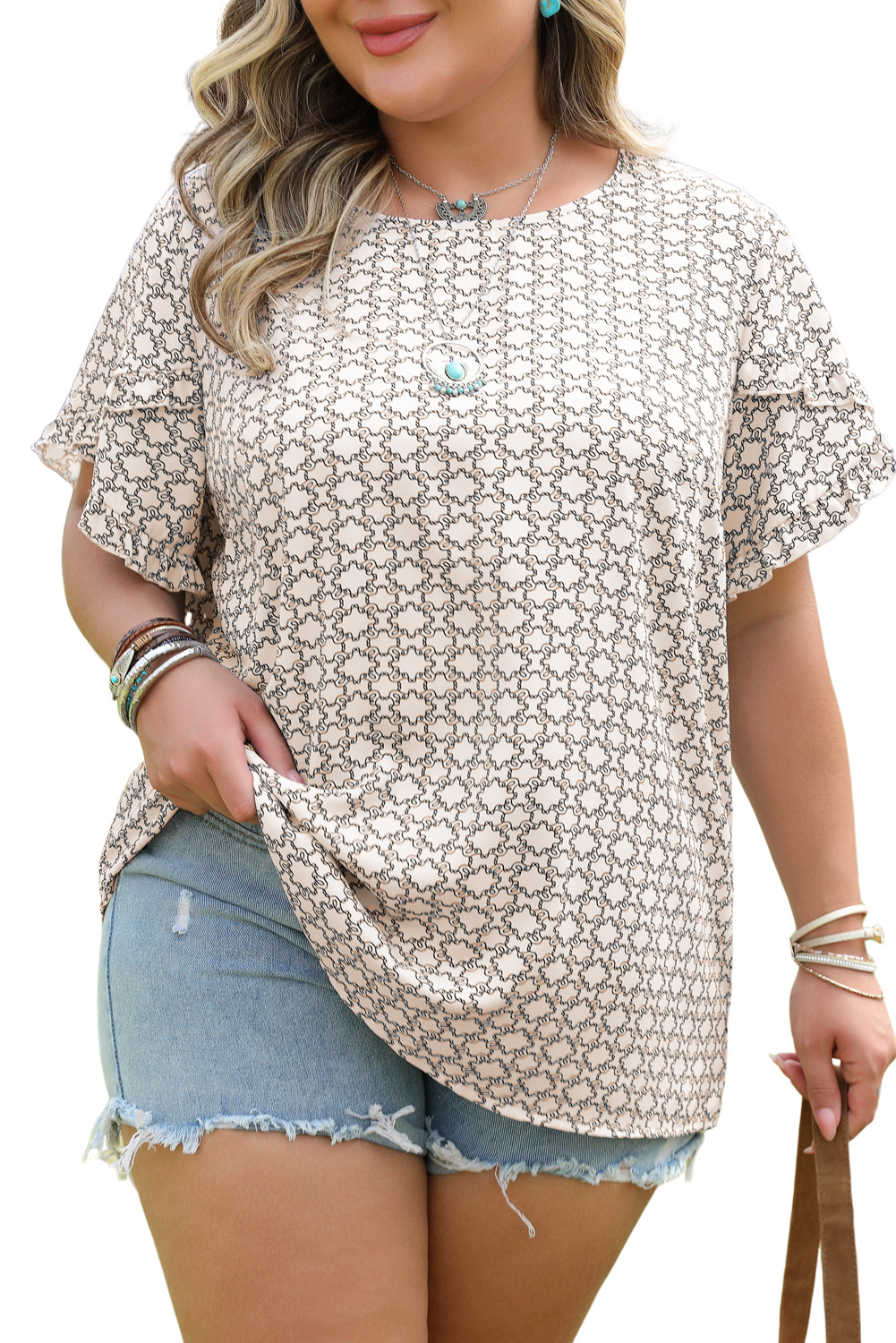 Plus Size Khaki  Geometric Print Ruffled Sleeve Blouse