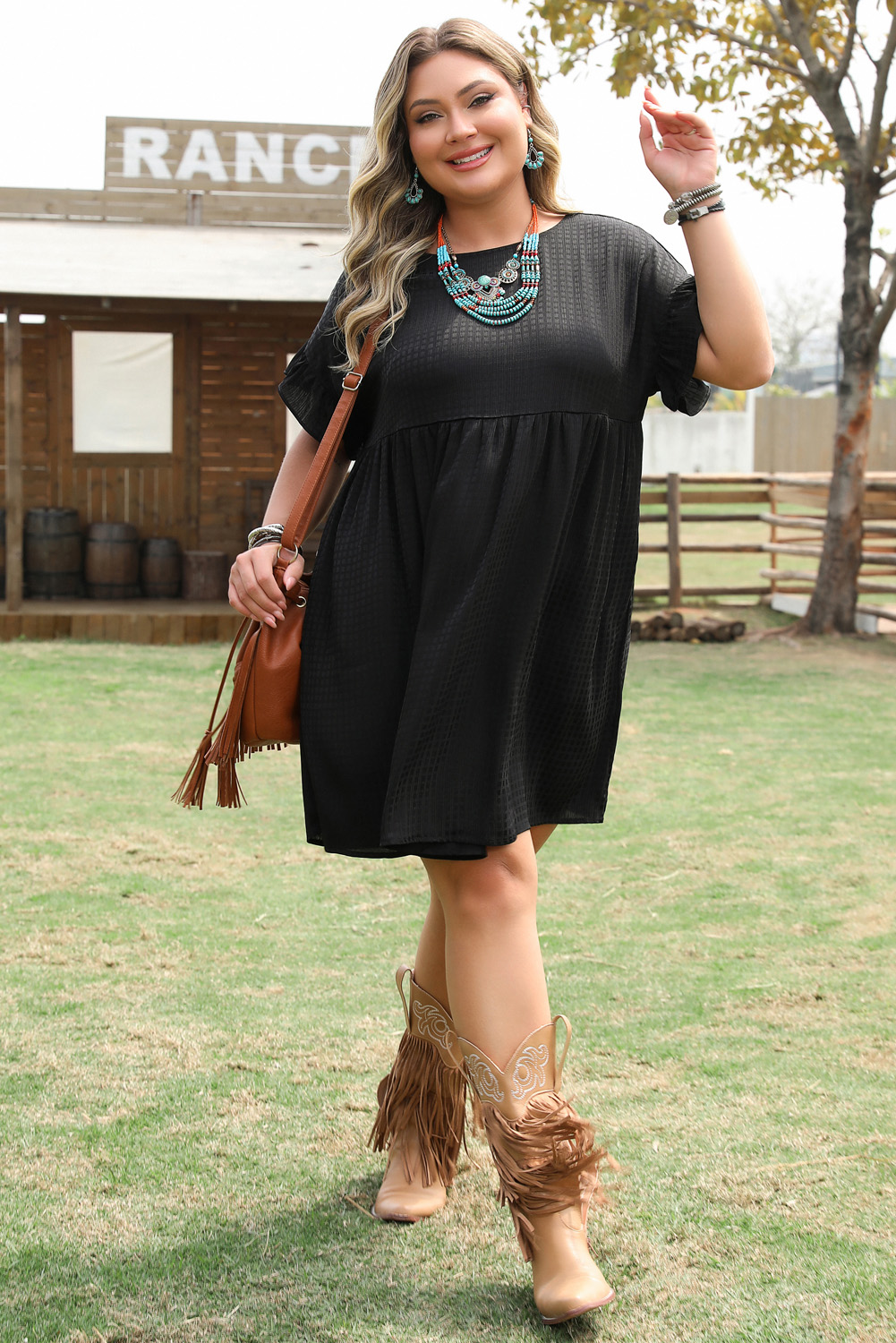 Black Textured Ruffled Sleeve Babydoll Plus Dress