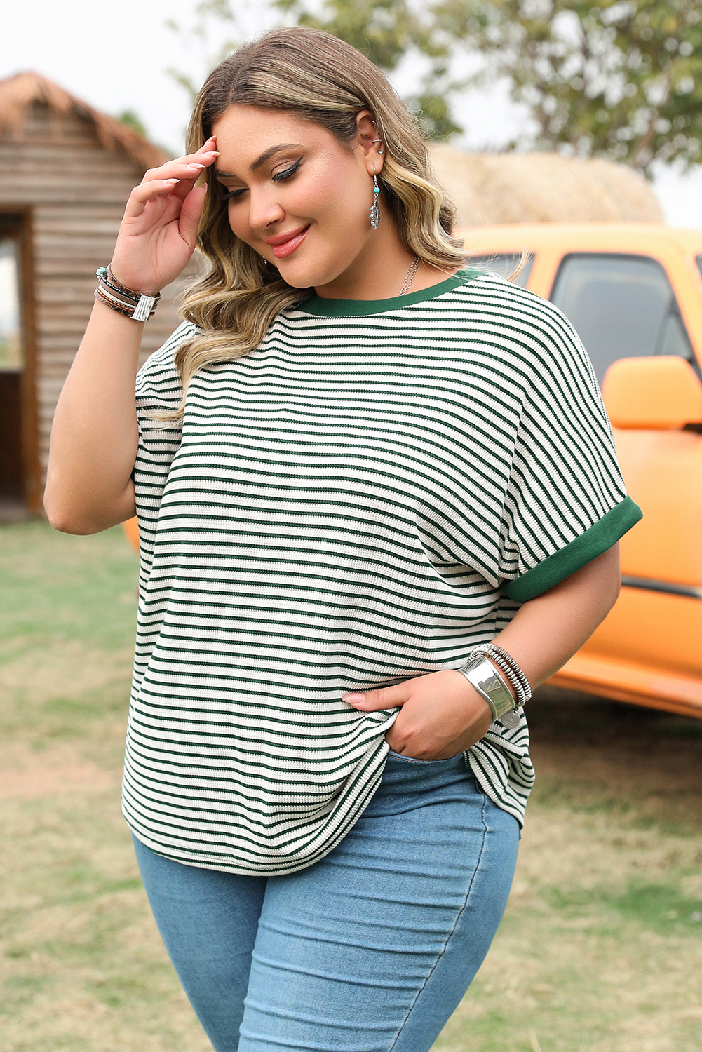 Plus Size Green Stripe Trimmed Round Neck  Boxy Fit T-shirt