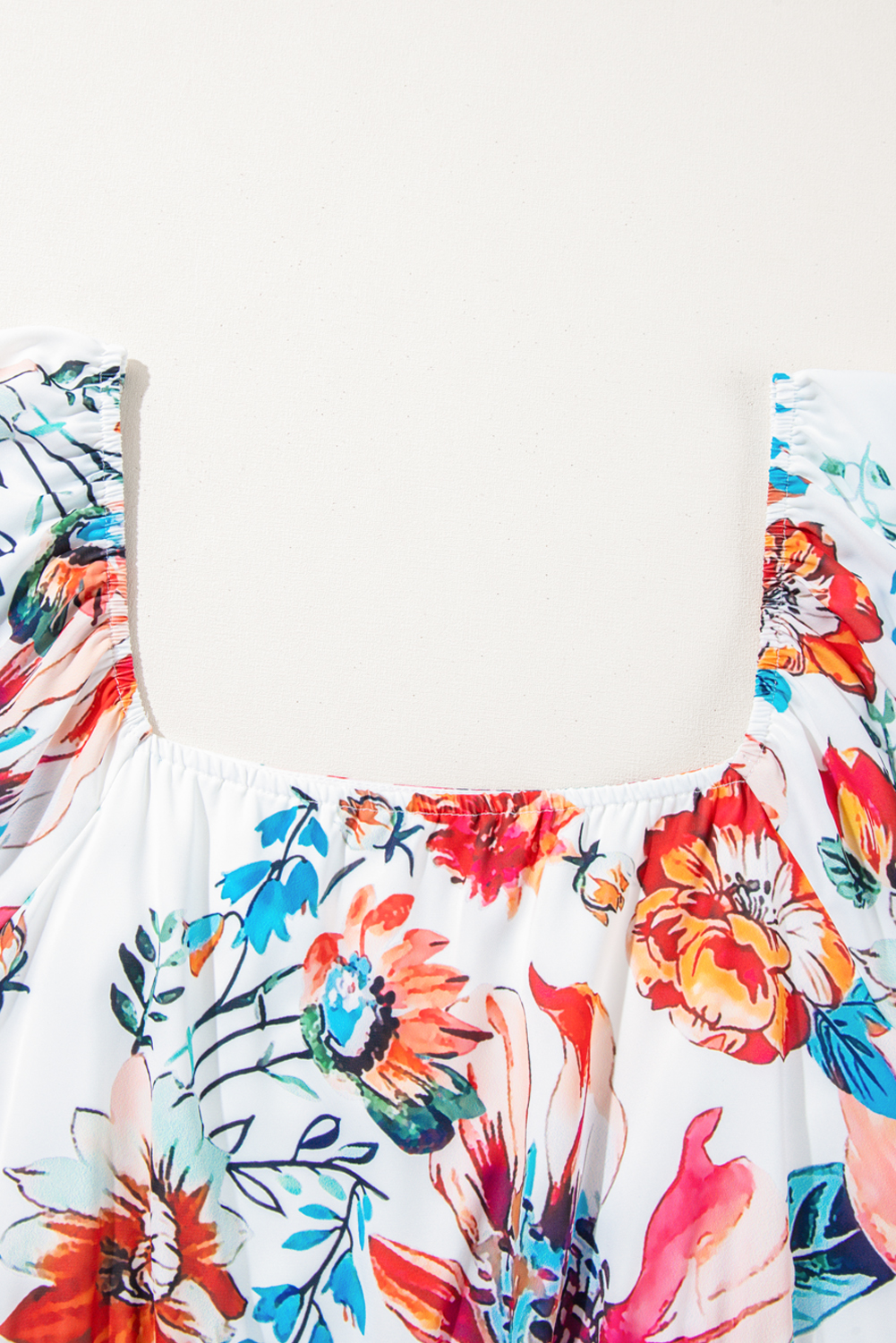 Plus Size White Floral Square Neck Puff Sleeve Flowy  Midi Dress