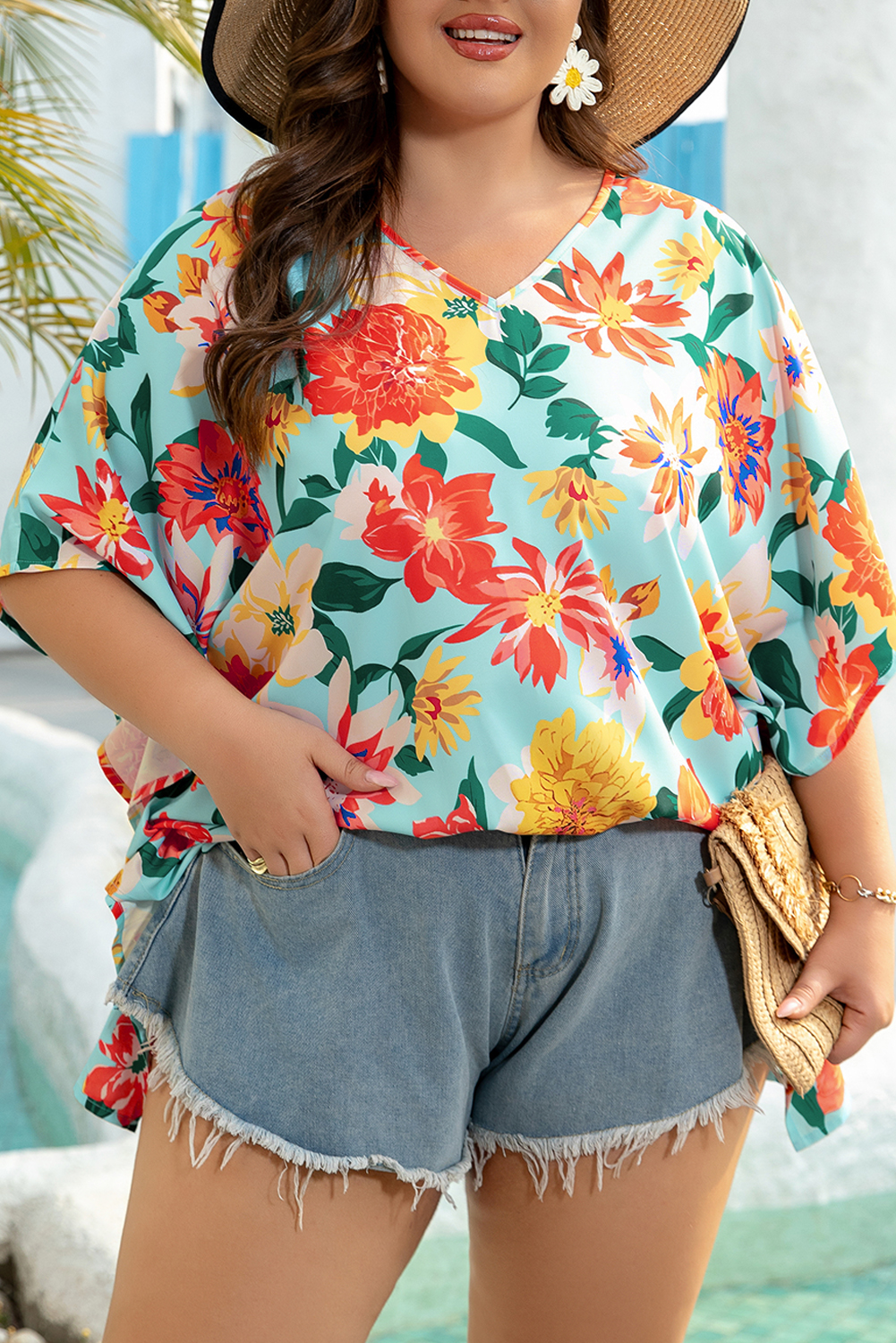 Plus Size Sky Blue  Floral Print V Neck Batwing Sleeve Blouse