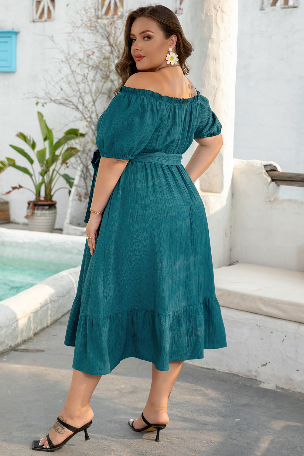 Plus Size Skobeloff Frilled U Neck Puff Sleeve Belted Ruffle Hem  Midi Dress