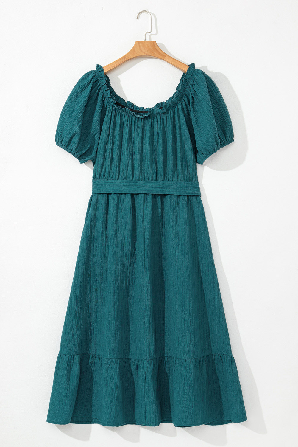 Plus Size Skobeloff Frilled U Neck Puff Sleeve Belted Ruffle Hem  Midi Dress