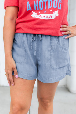 Plus Size Beau Blue Pocketed Drawstring High Waist  Denim Shorts
