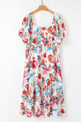 Plus Size Curvy White Floral Square Neck Puff Sleeve Flowy  Midi Dress