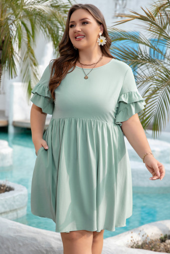 Plus Size Grass Green Ruffle Trim Short Sleeve  Flared Mini Dress
