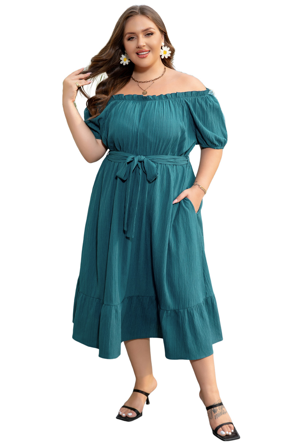 Plus Size Skobeloff Frilled U Neck Puff Sleeve Belted Ruffle Hem  Midi Dress