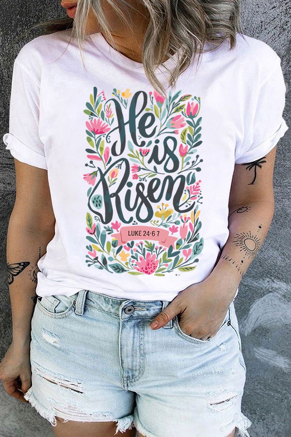 Plus Size White He is Risen Floral Printed Crewneck  Tee