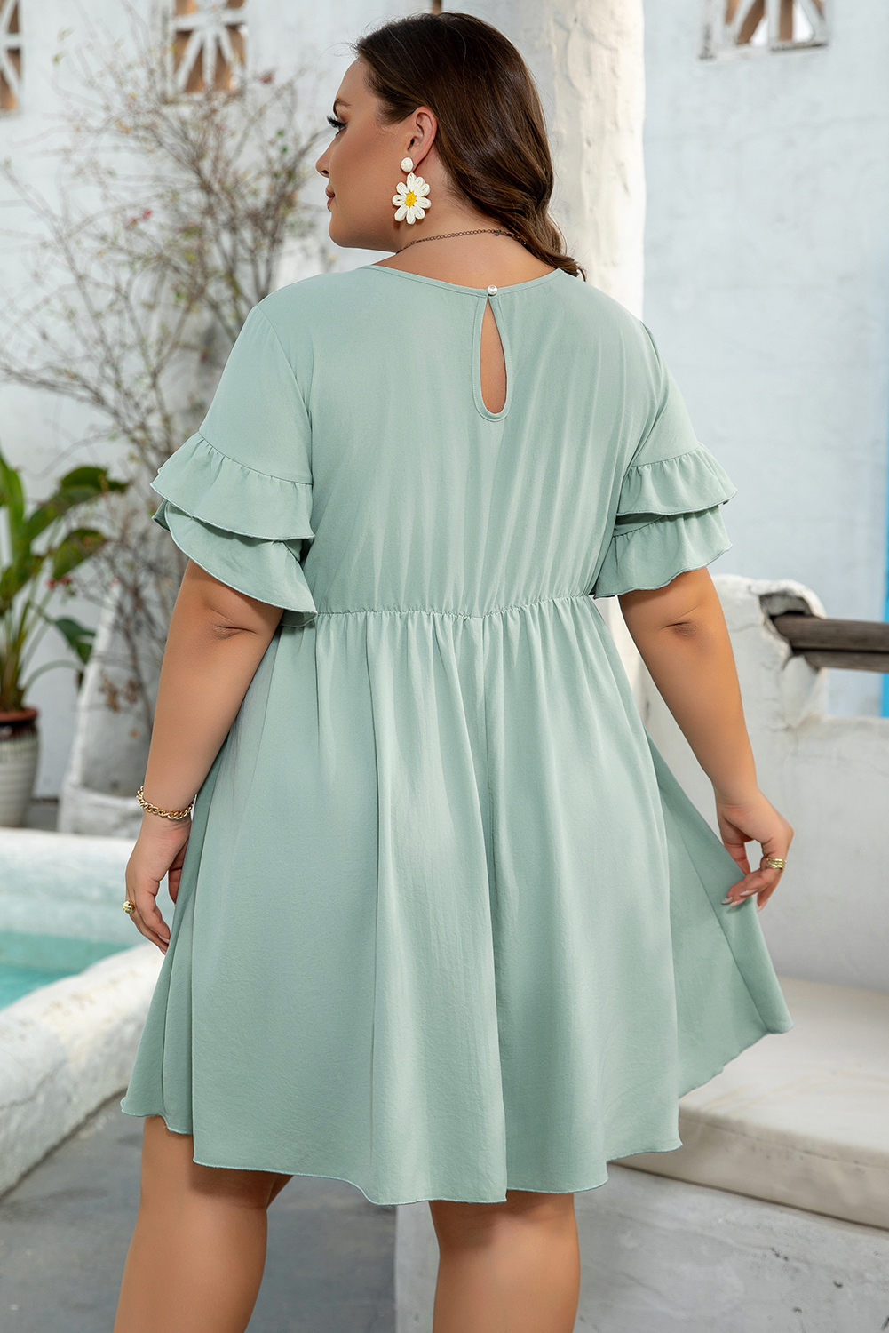 Plus Size Grass Green Ruffle Trim Short Sleeve  Flared Mini Dress