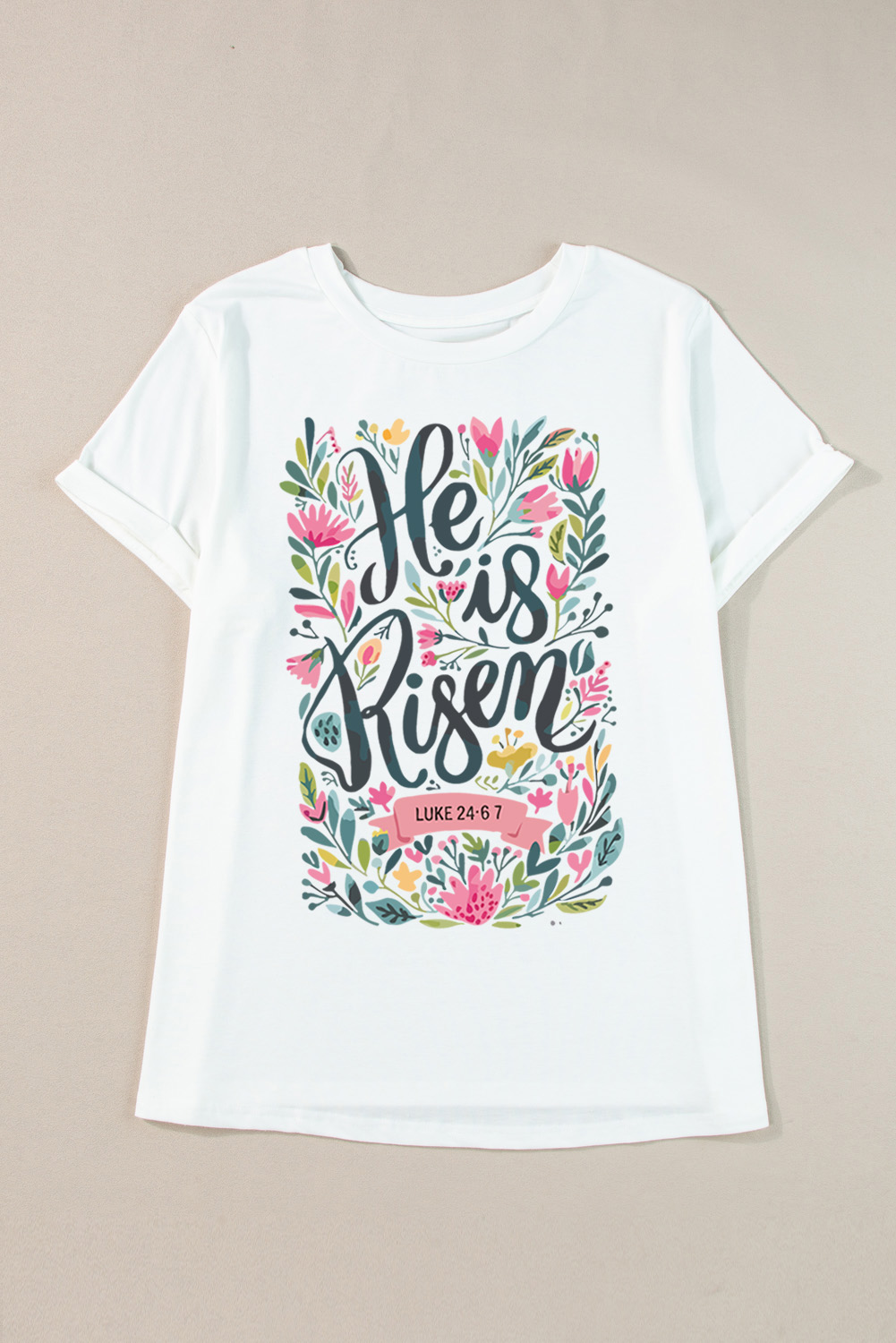 Plus Size White He is Risen Floral Printed Crewneck  Tee