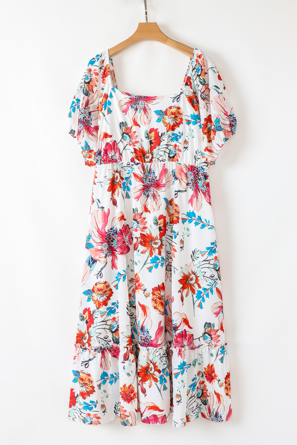 Plus Size White Floral Square Neck Puff Sleeve Flowy  Midi Dress