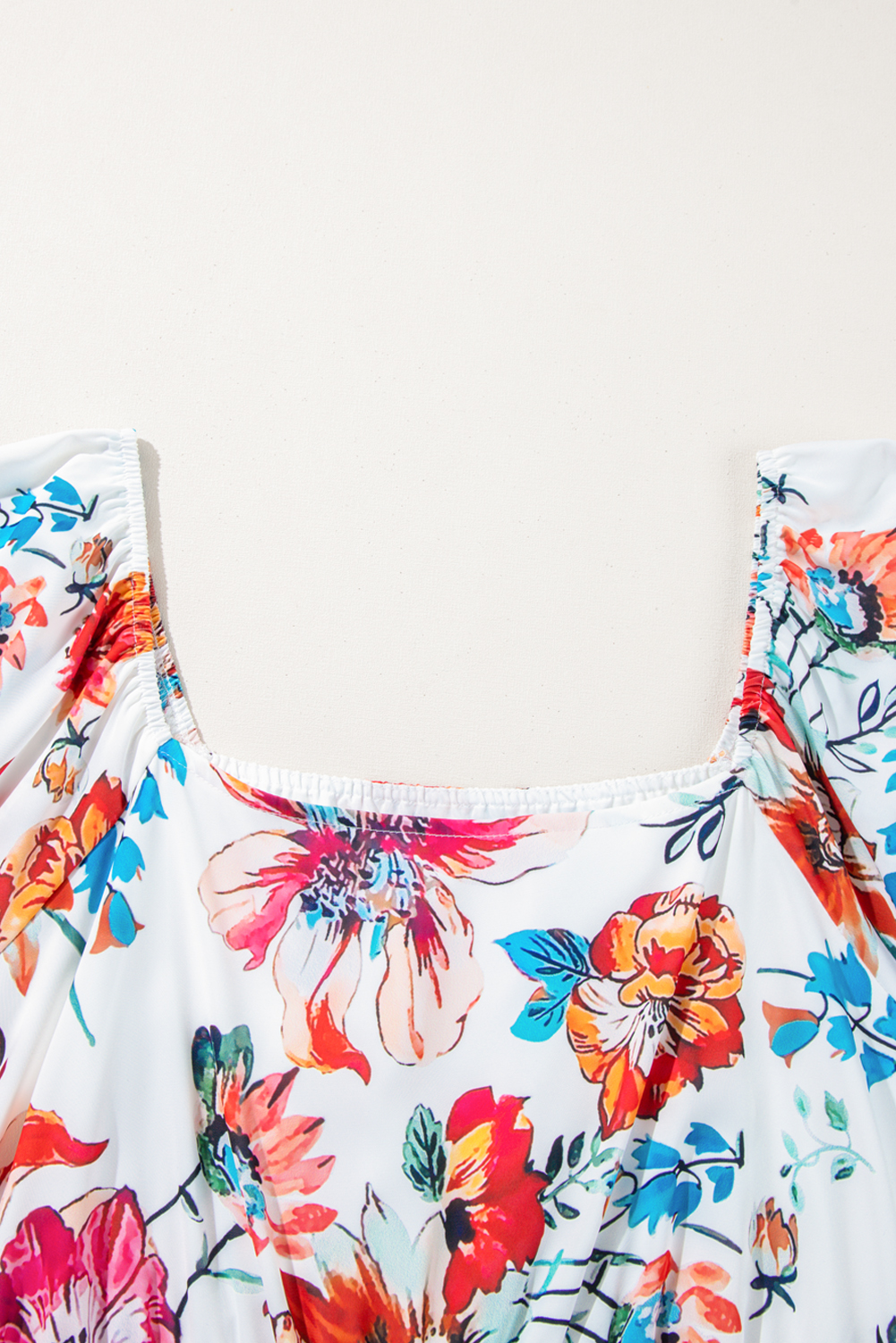 Plus Size White Floral Square Neck Puff Sleeve Flowy  Midi Dress