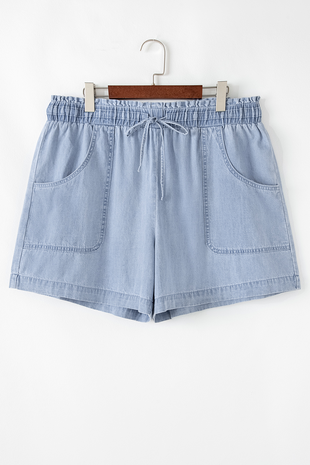 Plus Size Beau Blue Pocketed Drawstring High Waist  Denim Shorts