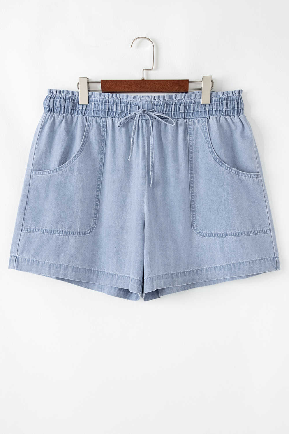 Plus Size Beau Blue Pocketed Drawstring High Waist  Denim Shorts
