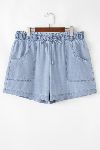 Plus Size Beau Blue Pocketed Drawstring High Waist  Denim Shorts
