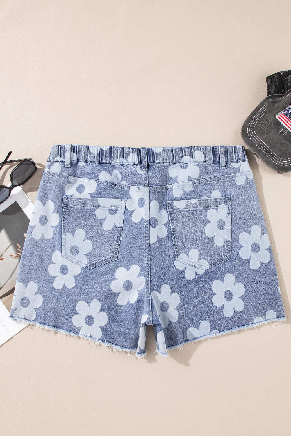 Plus Size Ashleigh Blue Floral Pattern High Waist Raw Hem  Denim Shorts