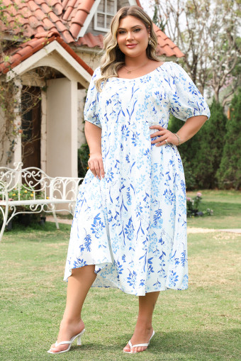 Plus Size Sky Blue Floral Print Sweetheart Neck  Midi Dress