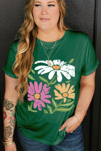 Plus Size Dark Green Floral Print Crewneck  T Shirt
