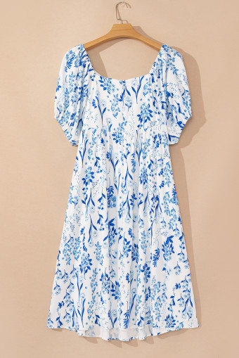 Plus Size Sky Blue Floral Print Sweetheart Neck  Midi Dress