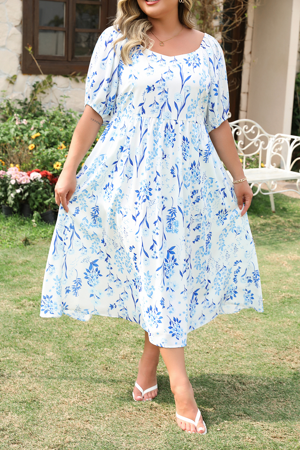 Plus Size Sky Blue Floral Print Sweetheart Neck  Midi Dress