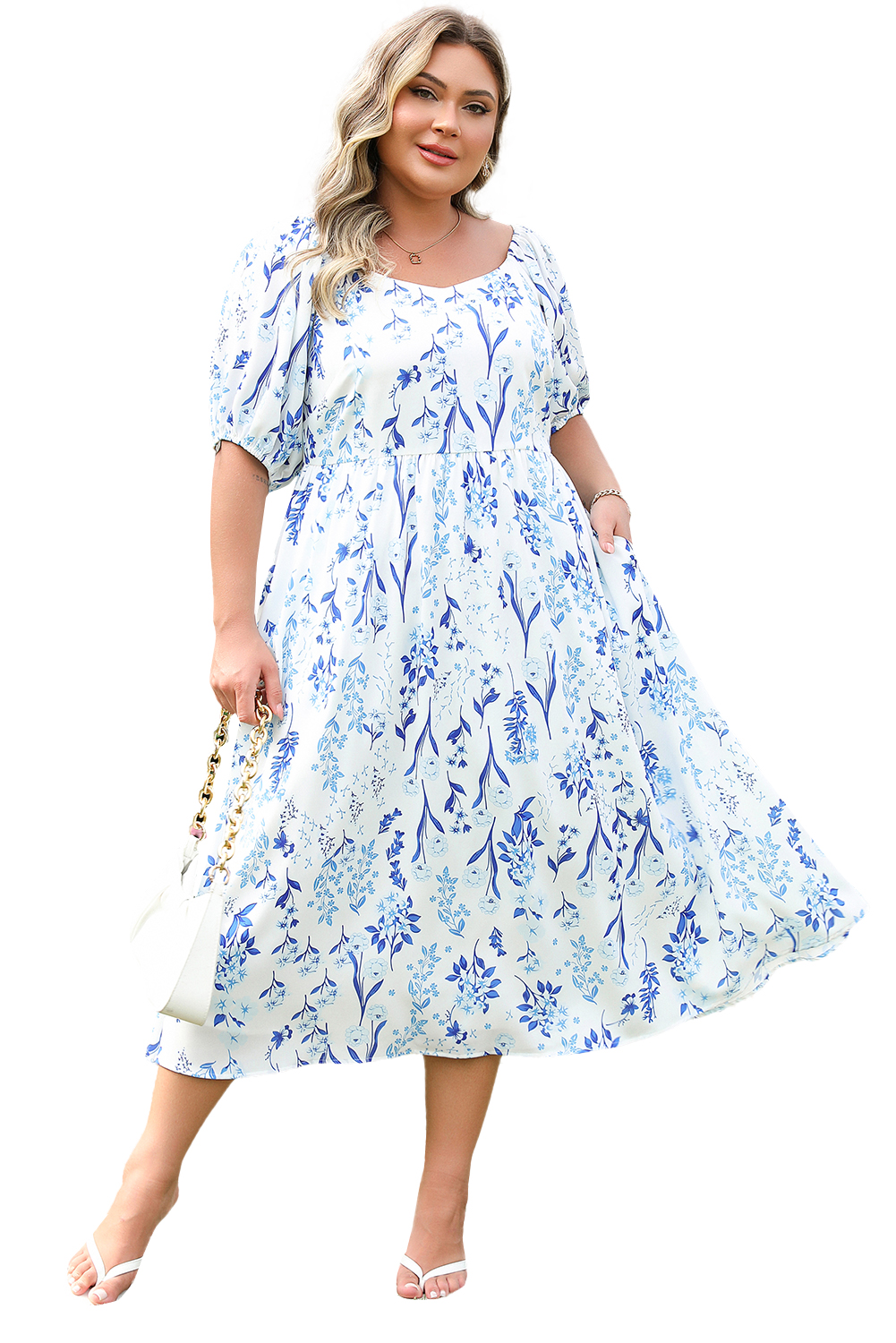 Plus Size Sky Blue Floral Print Sweetheart Neck  Midi Dress
