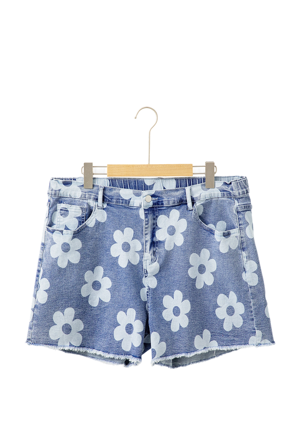 Plus Size Ashleigh Blue Floral Pattern High Waist Raw Hem  Denim Shorts